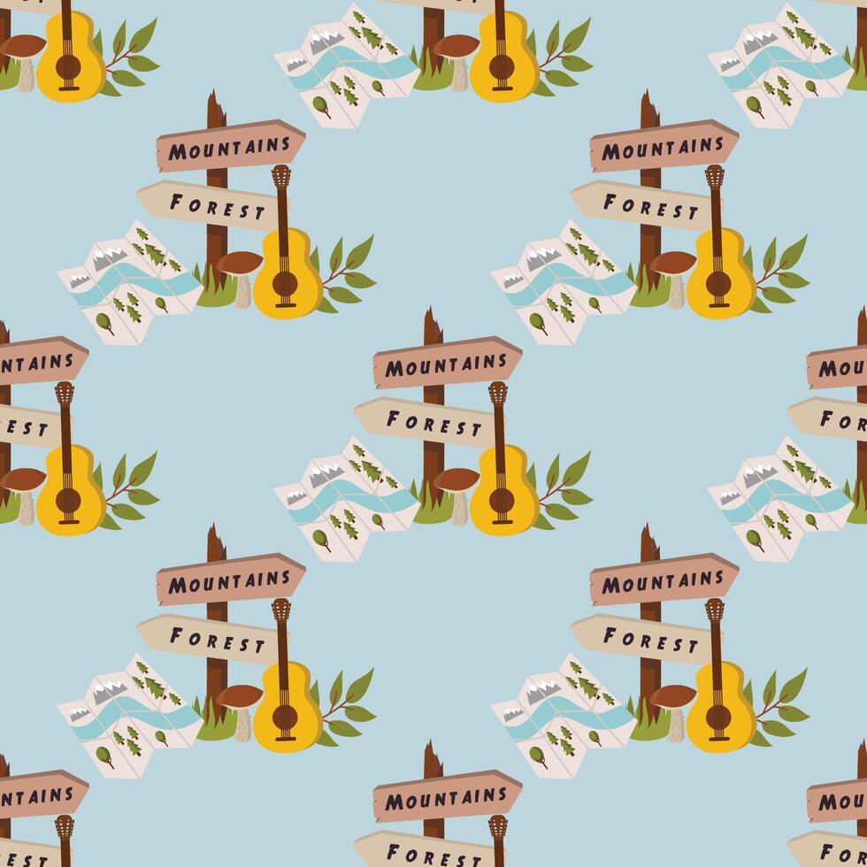 Seamless camping pattern with map, guitar, mushroom and wooden pointer to mountain and forest on blue background in polka dot order. vector
