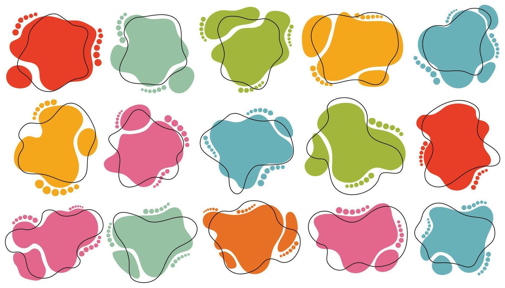 Uneven organic shapes, stains with thin line shapes and halftone elements, melting round backgrounds set in flat cartoon style. vector