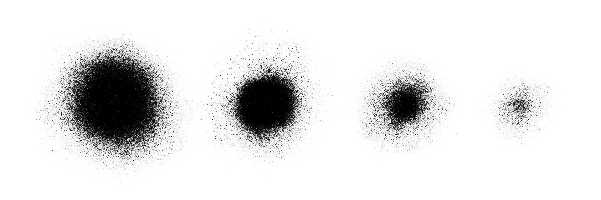 Exploding grain circles with photocopy halftone splatter texture. Abstract stipple dot burst in black and white. Retro noise round shapes for poster, background, and modern graphic design vector
