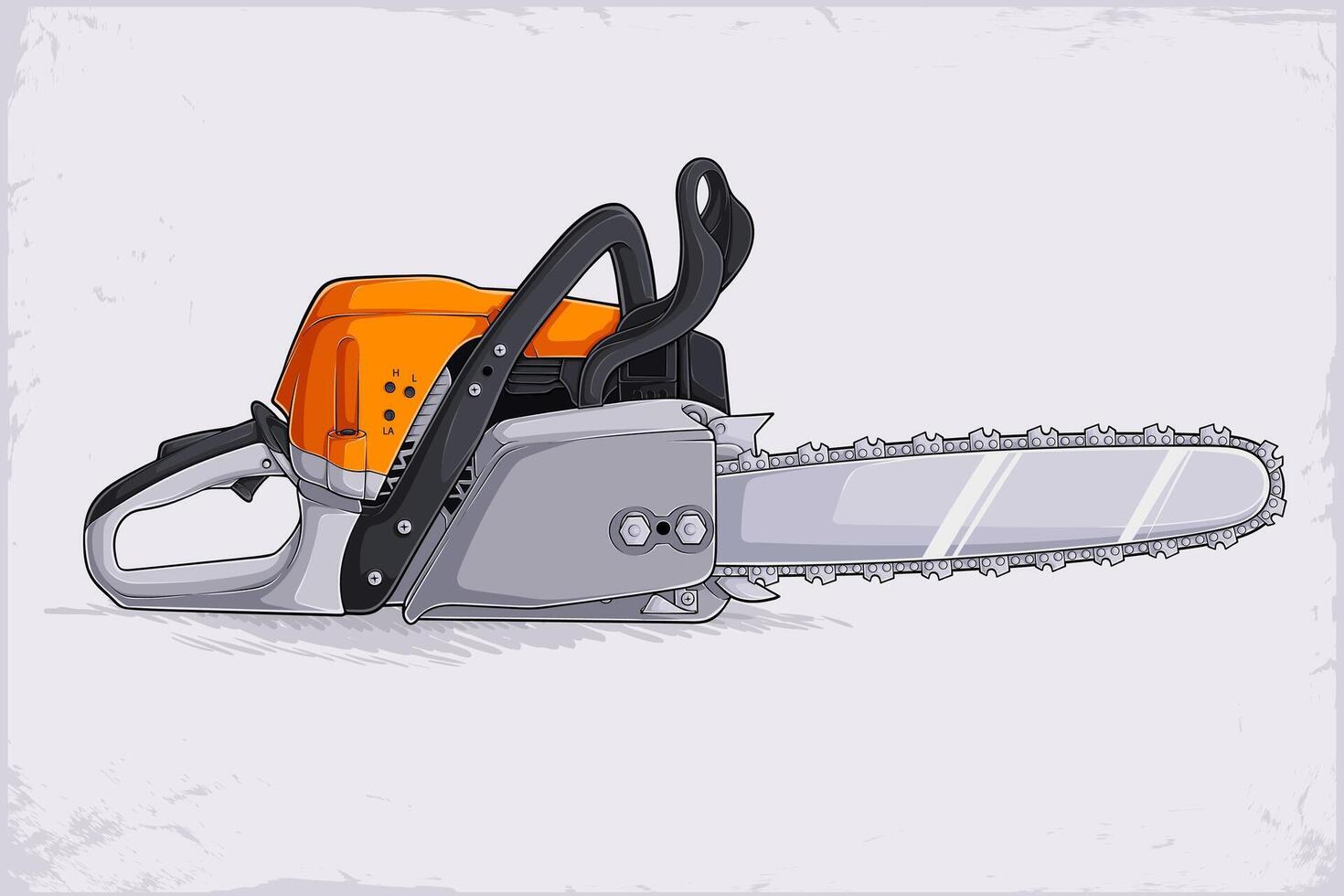 Hand drawn chainsaw with set of teeth. Portable handheld power saw attached to a rotating chain driven along a guide bar vector