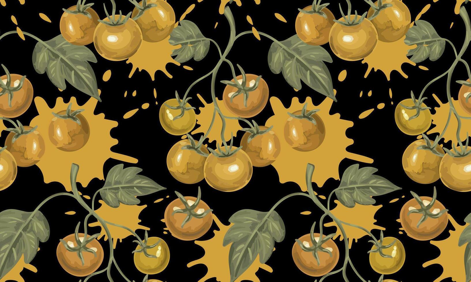 seamless boho pastel yellow tomato pattern on black background with abstract paint blots and green leaves repeating texture for fabric print wallpaper package vector