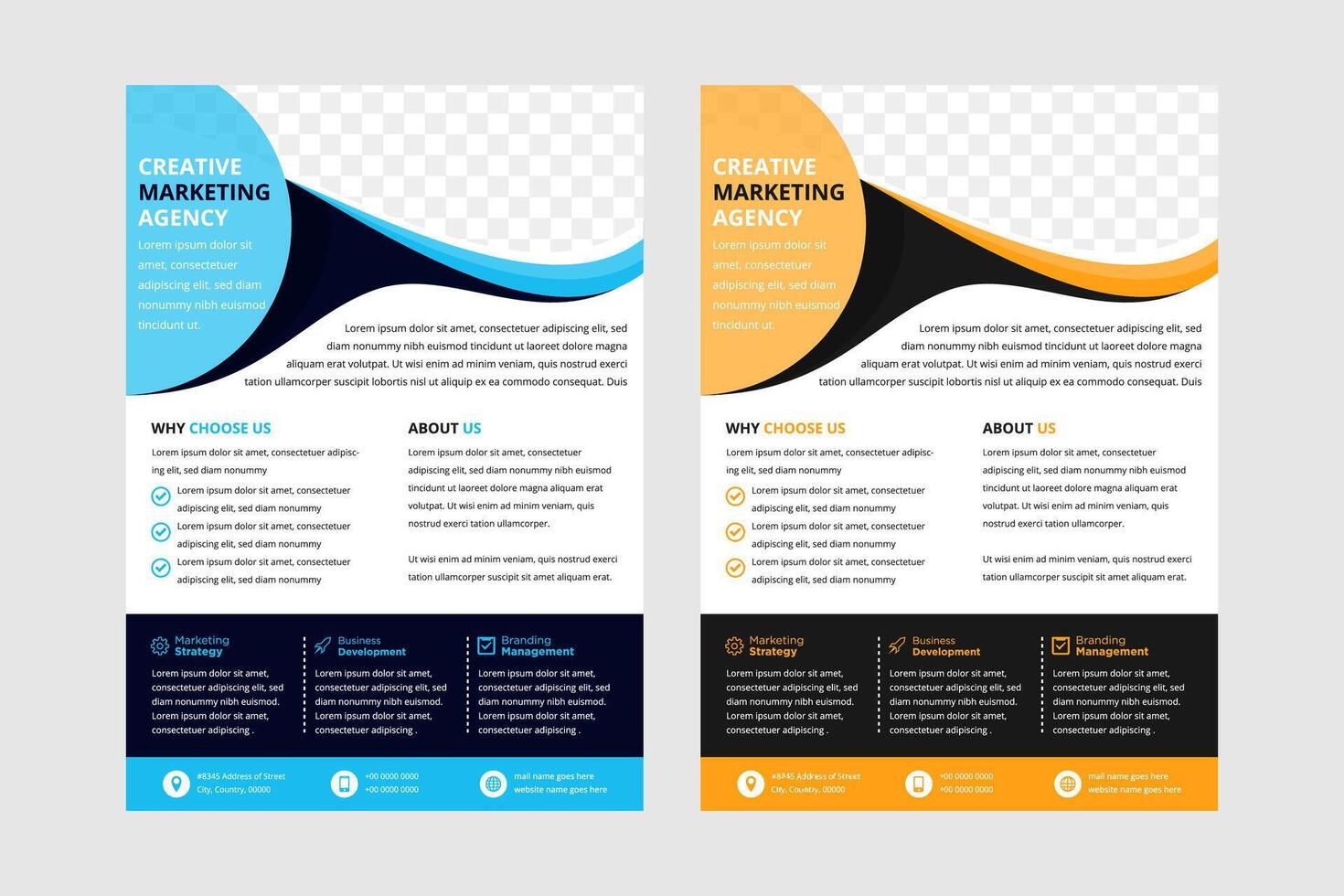 creative marketing agency flyer template design use horizontal layout and space for photo collage. transparency of blue and orange colors on element design as diagonal shape. vector