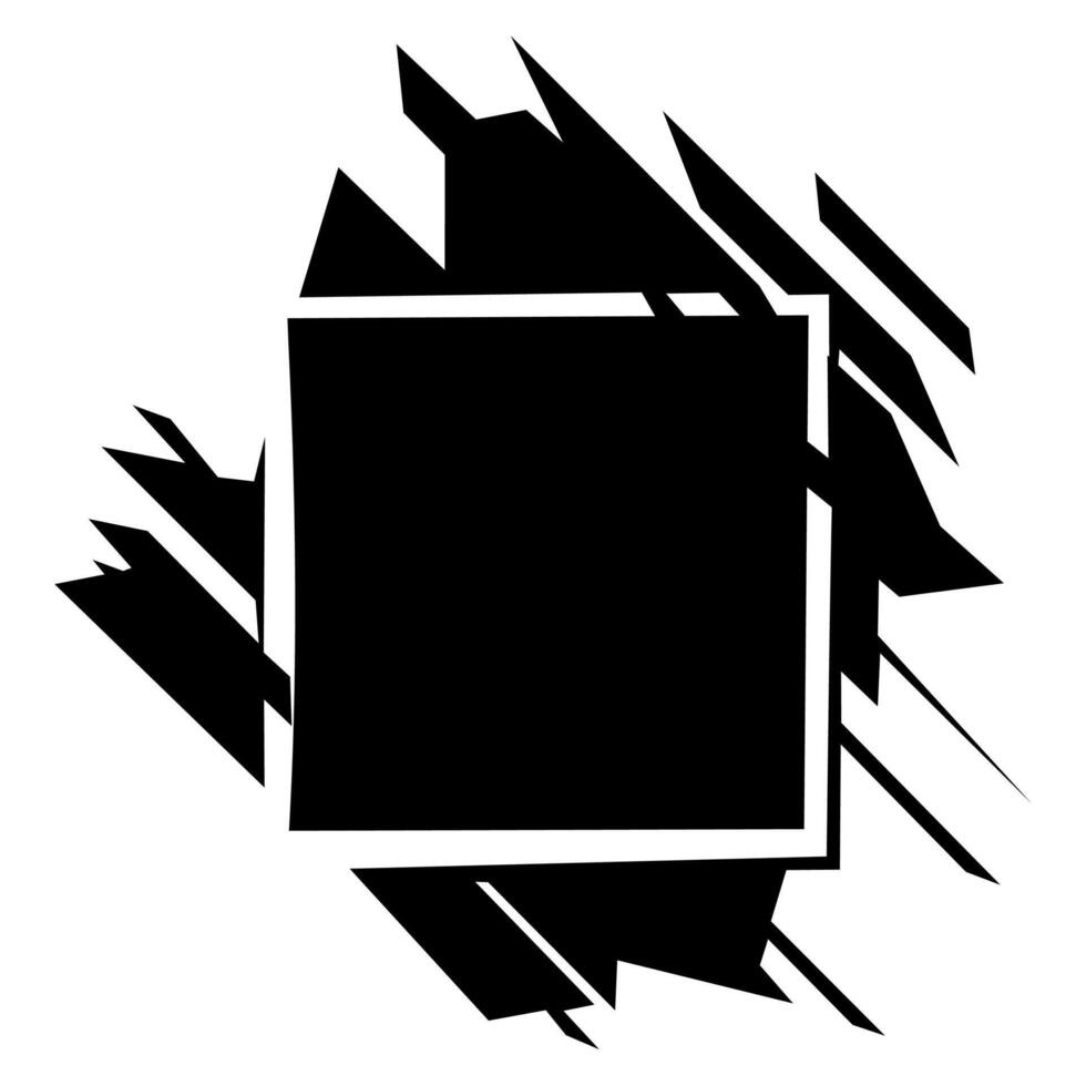 Abstract, dynamic black and white design with a central square framed by sharp, fragmented, and energetic shapes, suggesting disruption and bold motion. vector