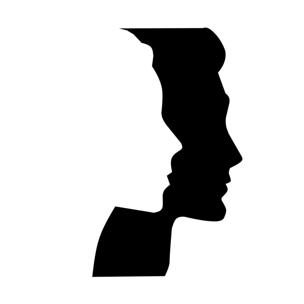 A creative black and white silhouette of two human faces overlapping, symbolizing duality, connection, psychology, and perception in a minimalist artistic design. vector