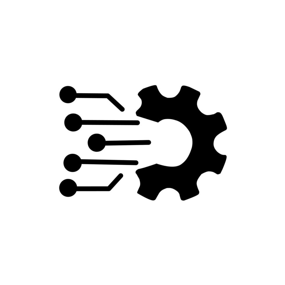 Black icon representing digital technology and engineering. A gear with connecting circuit lines and data points, symbolizing smart settings, automation, or AI mechanics. vector