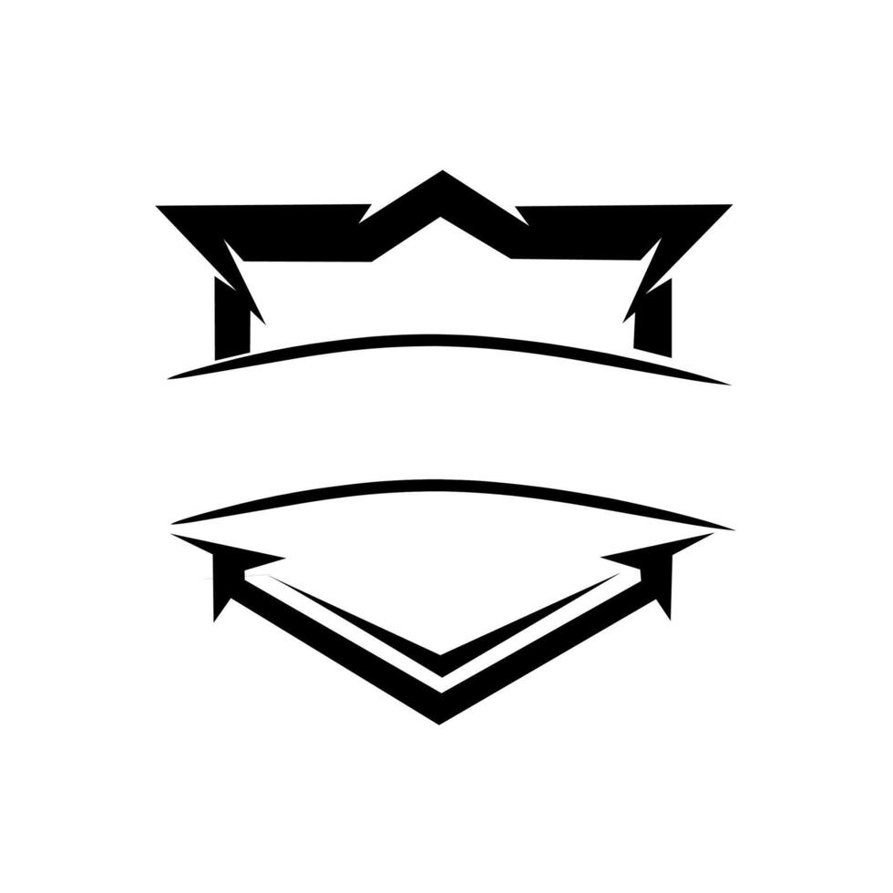 Minimalist emblem with crown-like top and shield-inspired bottom, combining sharp geometric lines and modern style, symbolizing strength and prestige. vector