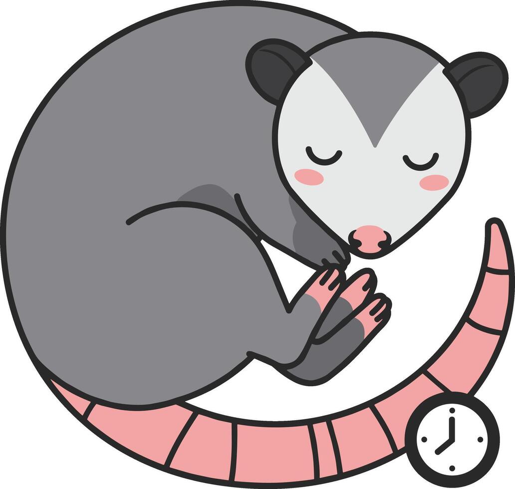 An opossum sleeping with a clock on its back vector