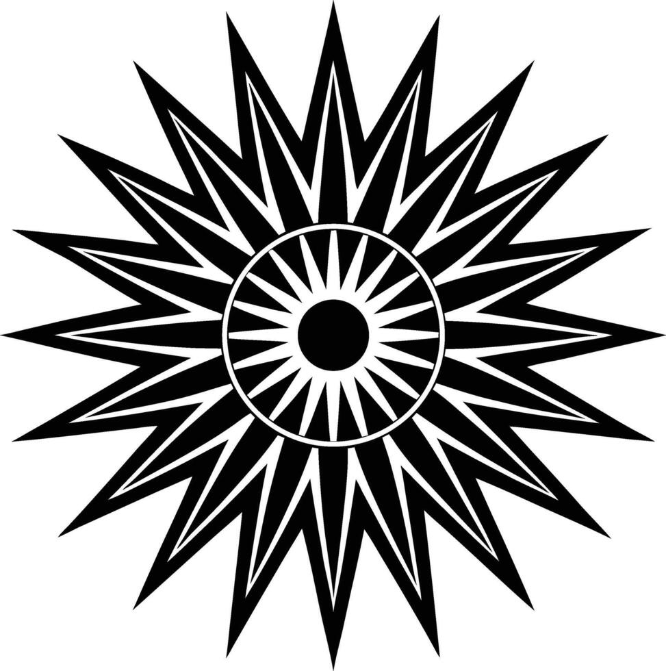 Abstract Geometric Sun Symbol Design. Abstract Black and White Starburst Design with Circular Center and Sharp Points. vector
