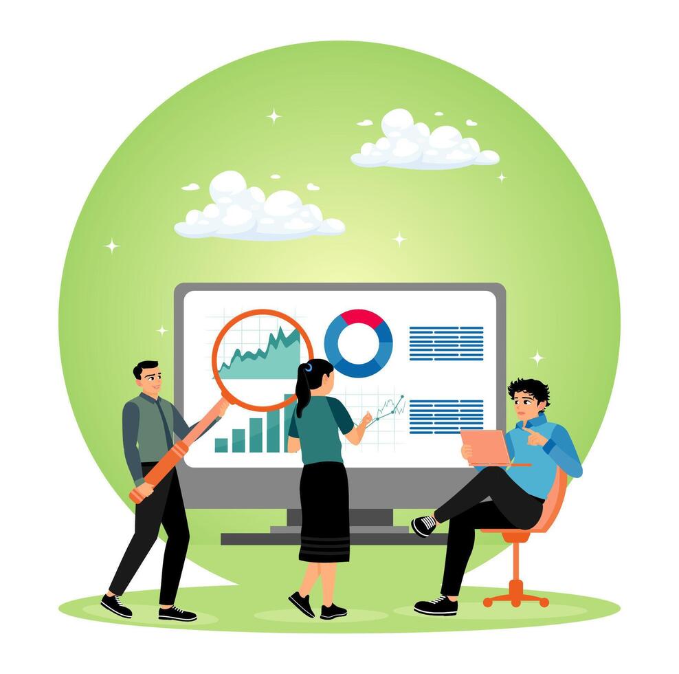 Team analyzing data on a computer vector