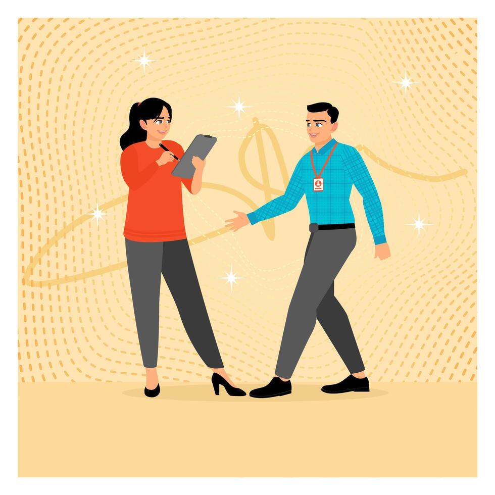 Signing petitions concept Two people are involved in signing a petition using clipboard and badges. vector