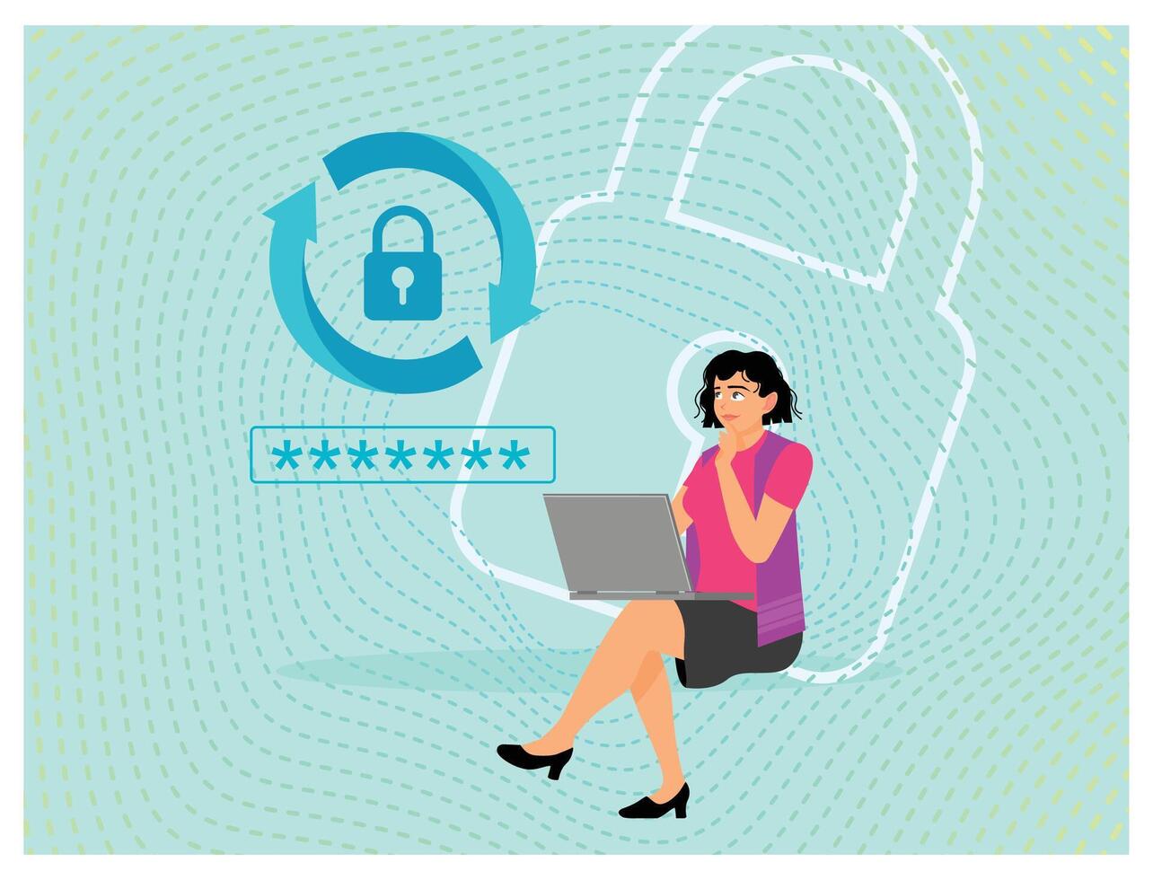 Create new password concept. Woman with laptop creating password. vector