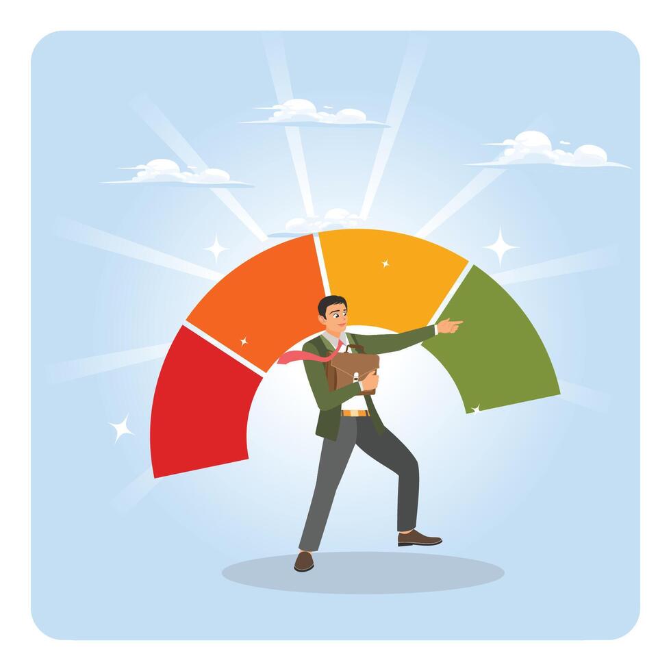 Performance evaluation concept. A happy leader stands near a high performance measurement tool. vector