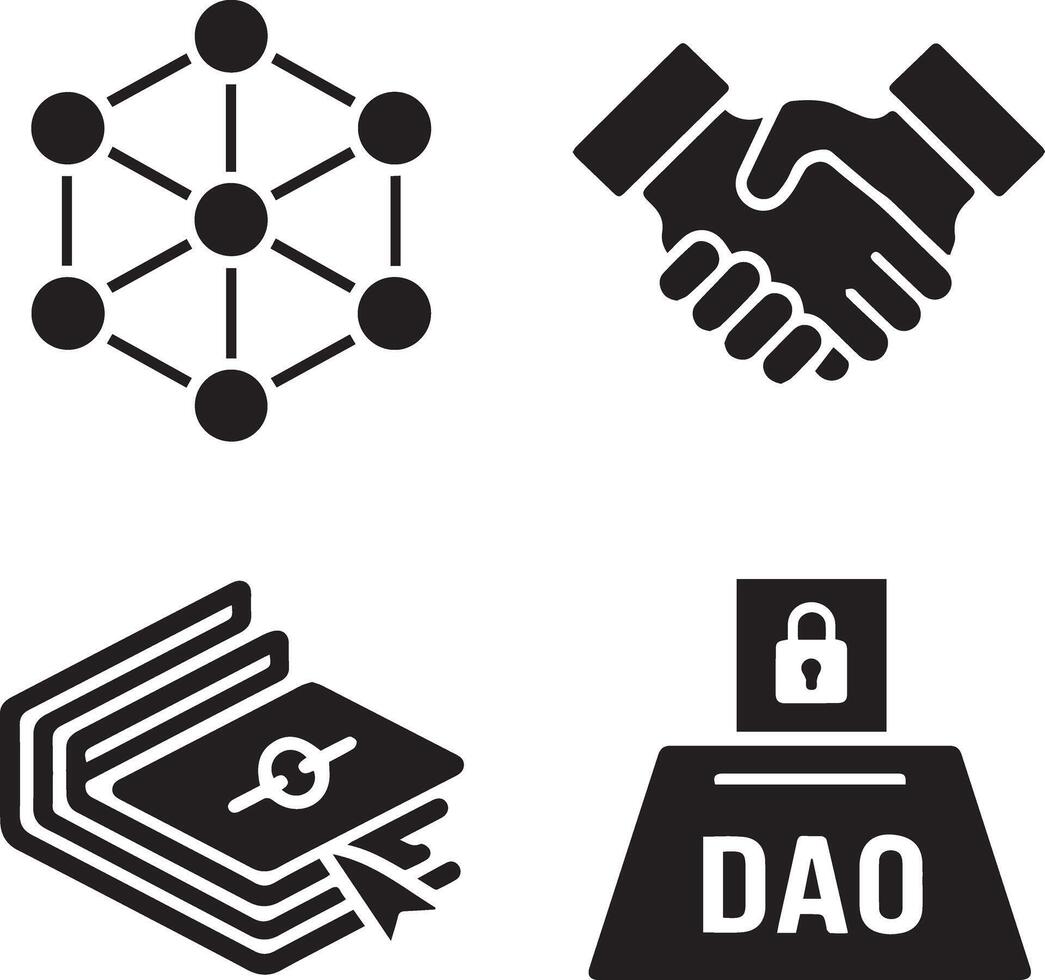 Blockchain business icons network, handshake, transaction, and DAO voting. vector