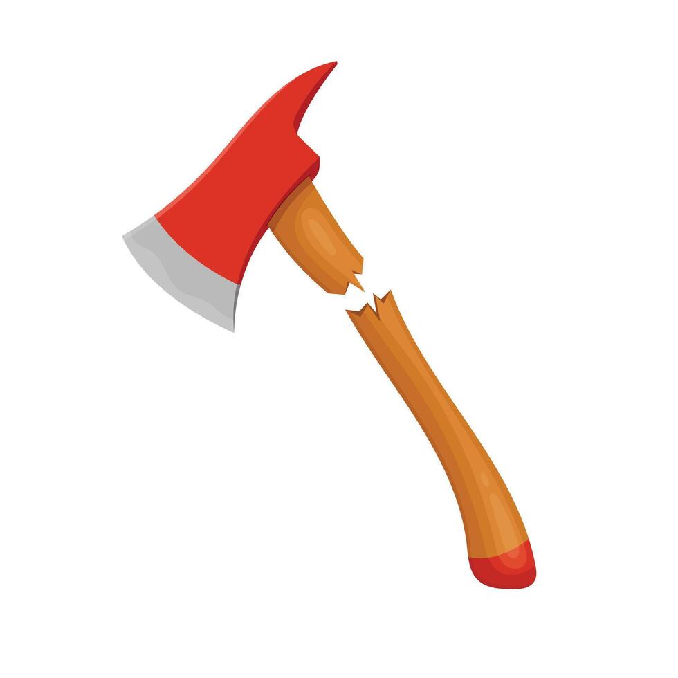 A digitally created image features an axe with a red head and a broken wooden handle. The break in the handle makes it unsuitable for its intended purpose. vector