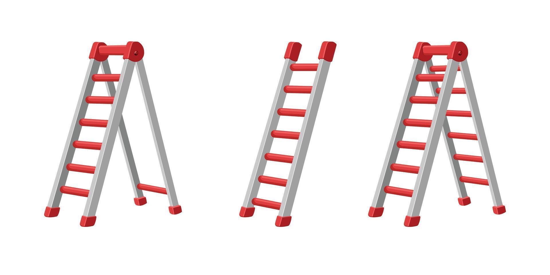 The image features three ladders against a plain white background. Two of the ladders are depicted as A-frame, while the third one is straight. They are red and gray. vector