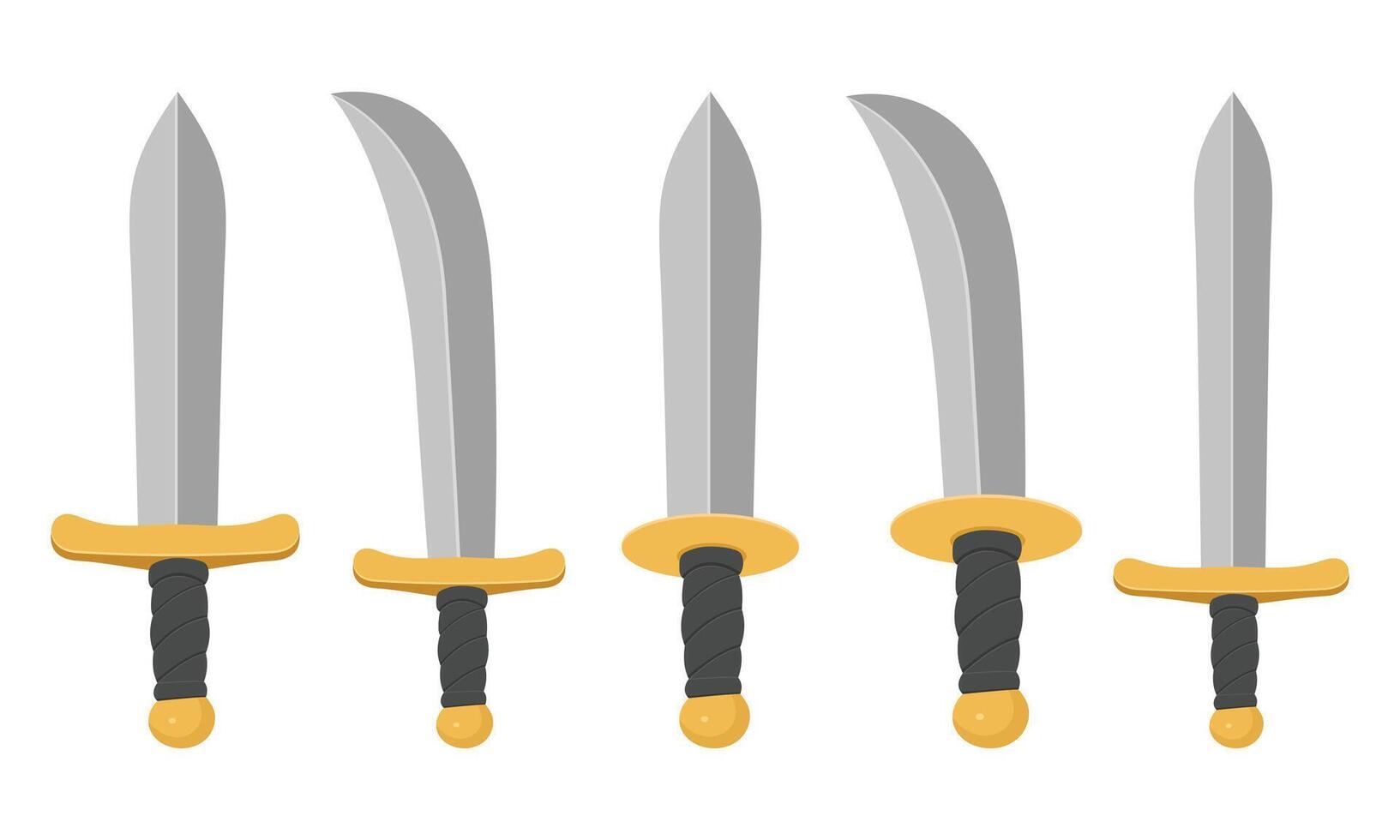 This image shows five cartoon-style swords arranged in a row. Each sword features a gray blade, a gold hand-guard, and a black handle with a textured grip. vector