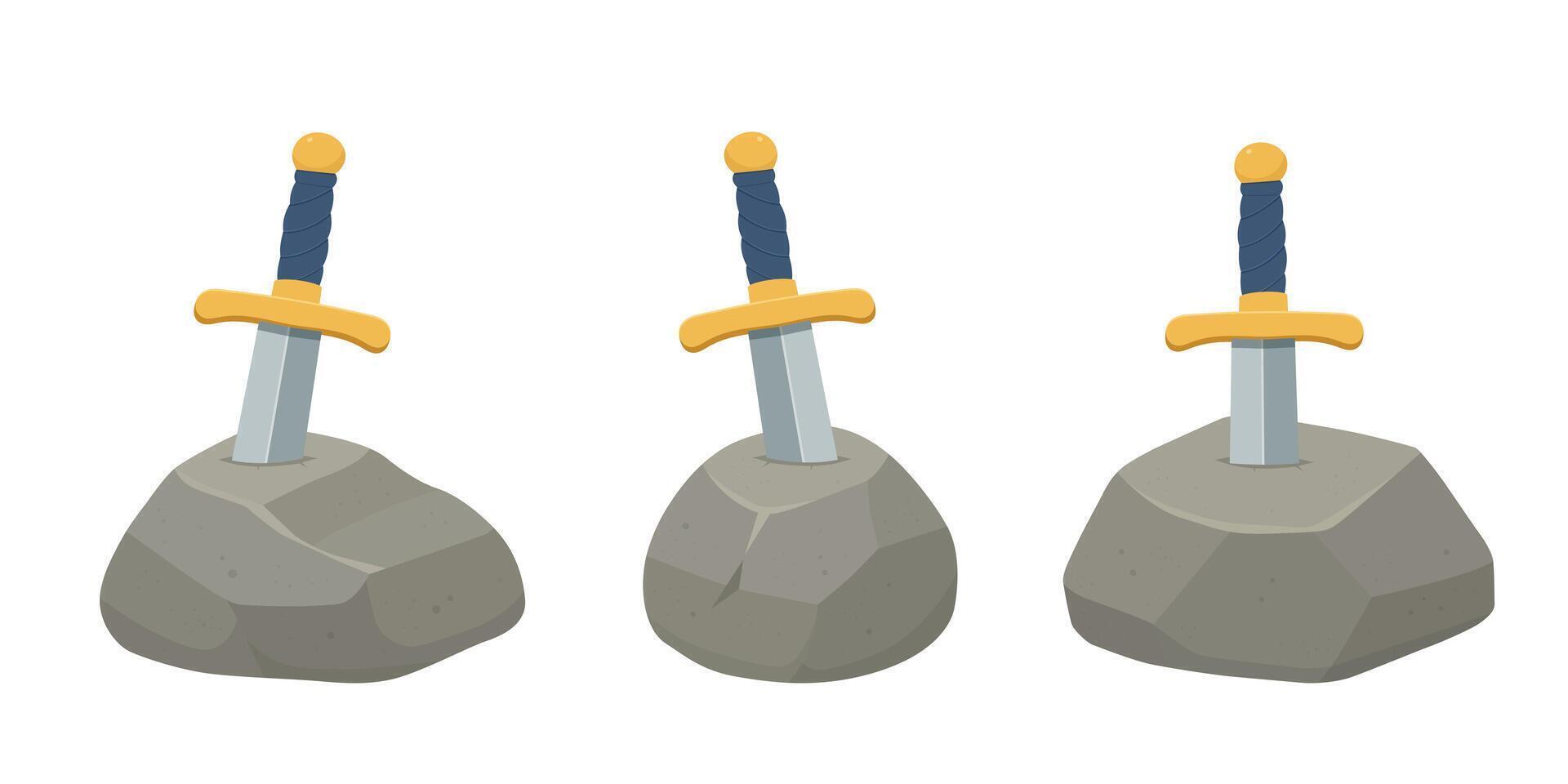 Three swords, each with a golden guard and a blue wrapped handle, are lodged firmly into grey rocks. The setting is simple with a stark white background. vector