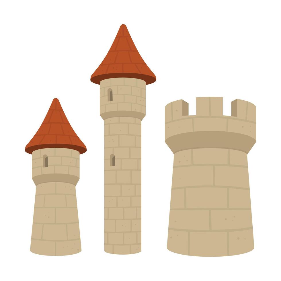 This isolated shot showcases three cartoonish castle towers against a clean white background. Each tower boasts a simple brick texture and distinct shape variations. vector