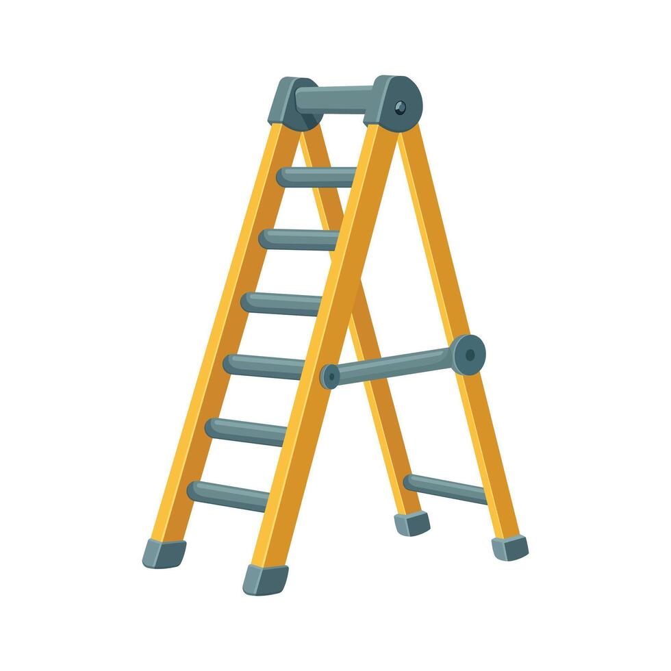 A sturdy yellow and gray A-frame ladder stands ready for use. This essential tool offers stability and support, perfect for various tasks requiring elevation. vector
