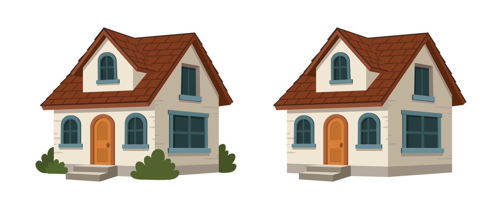 This image presents two cartoon houses, each showcasing unique architectural charm with dormer windows, orange-tiled roofs, and light siding. Green bushes add warmth. vector