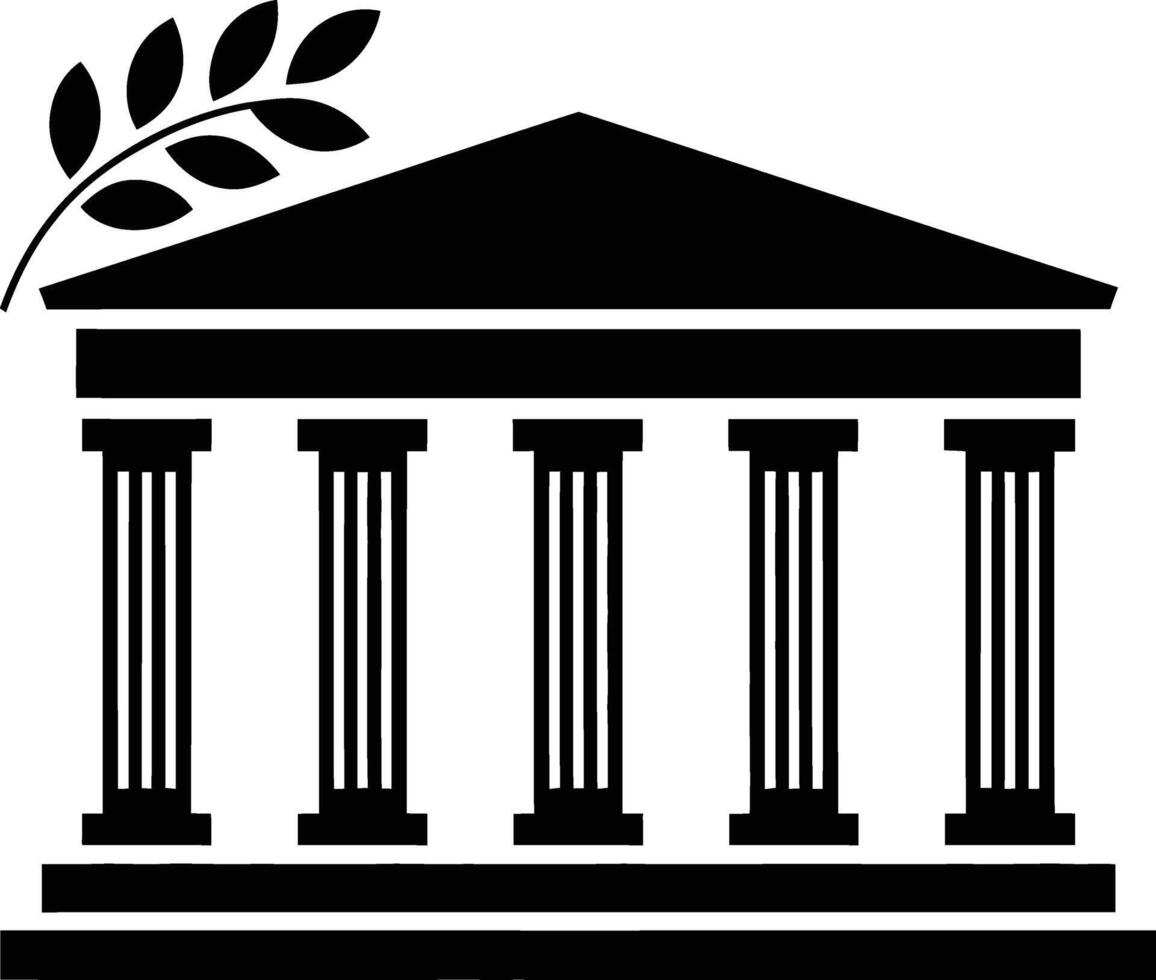Ancient greek temple building with columns and laurel branch silhouette vector