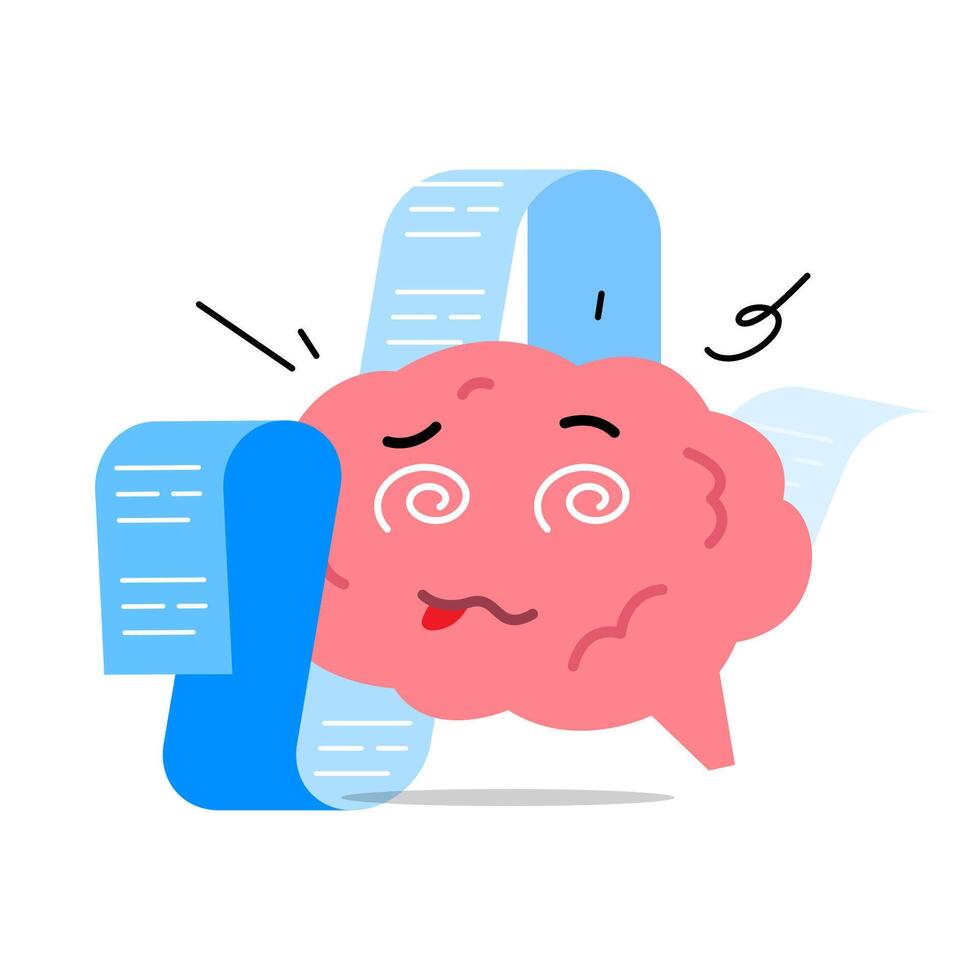 illustration of tired brain with long scroll of paper. information overload, cognitive fatigue, mental exhaustion, study burnout, stress, overwhelmed mind, overthinking, learning or knowledge overload vector
