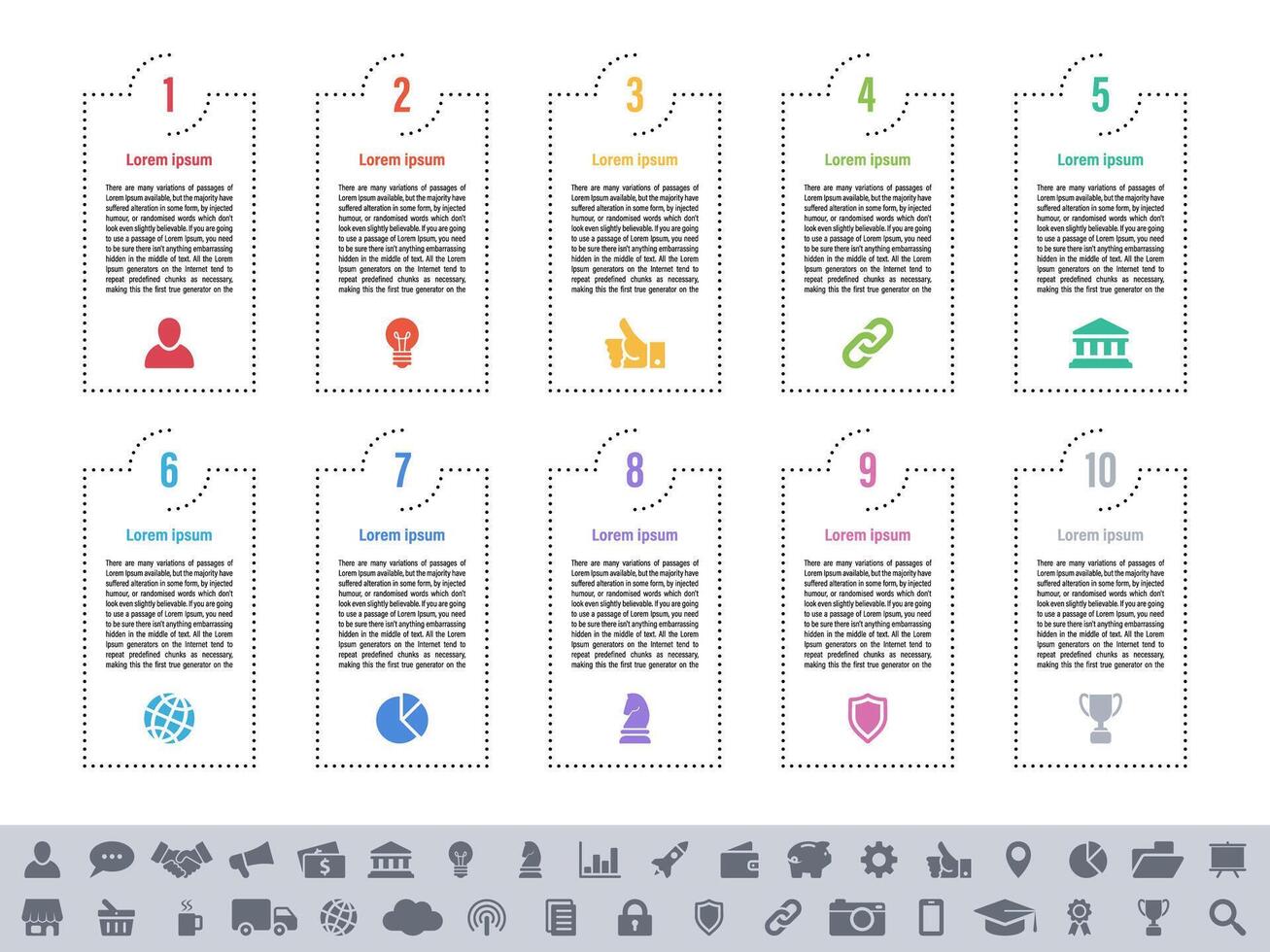 Infographic design with ten colorful steps plus icons showing business process workflow vector