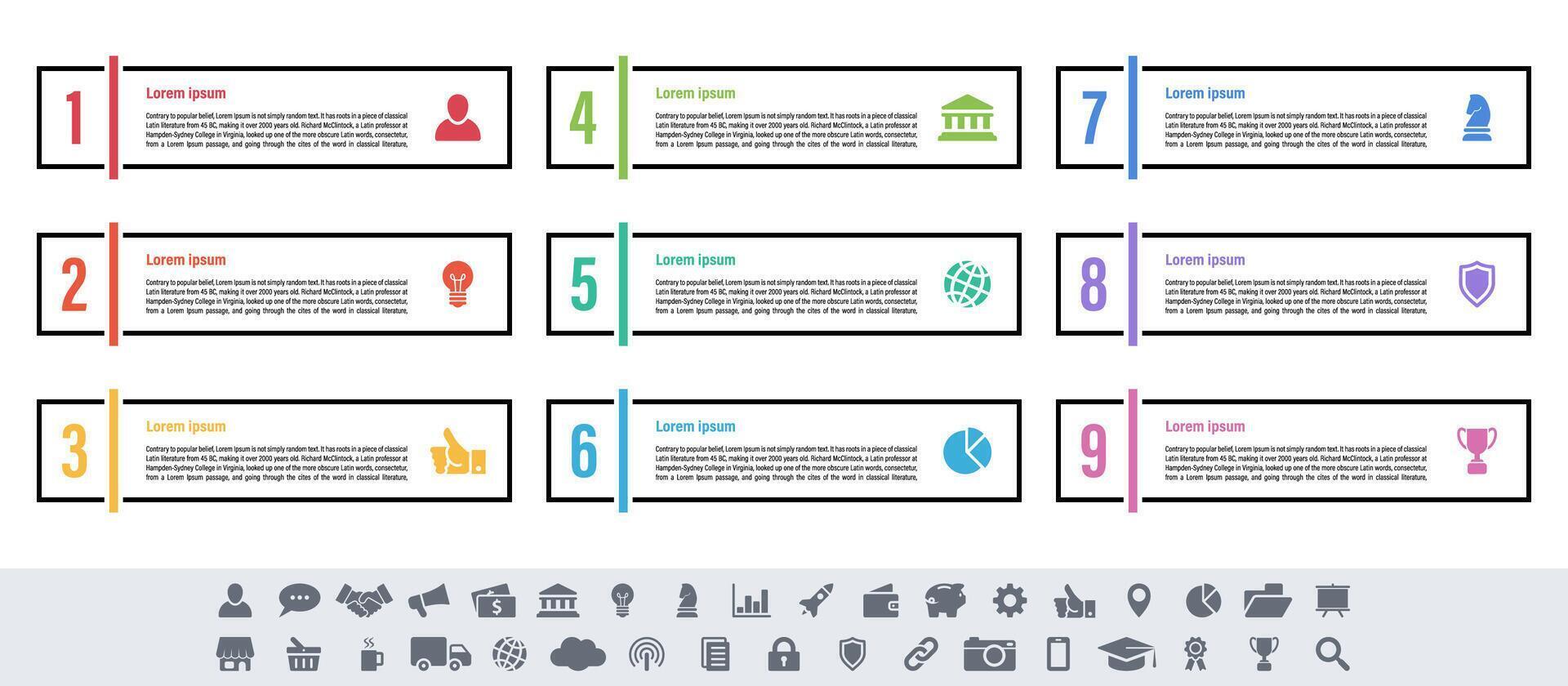 Infographic with nine steps process workflow diagram plus visual elements vector