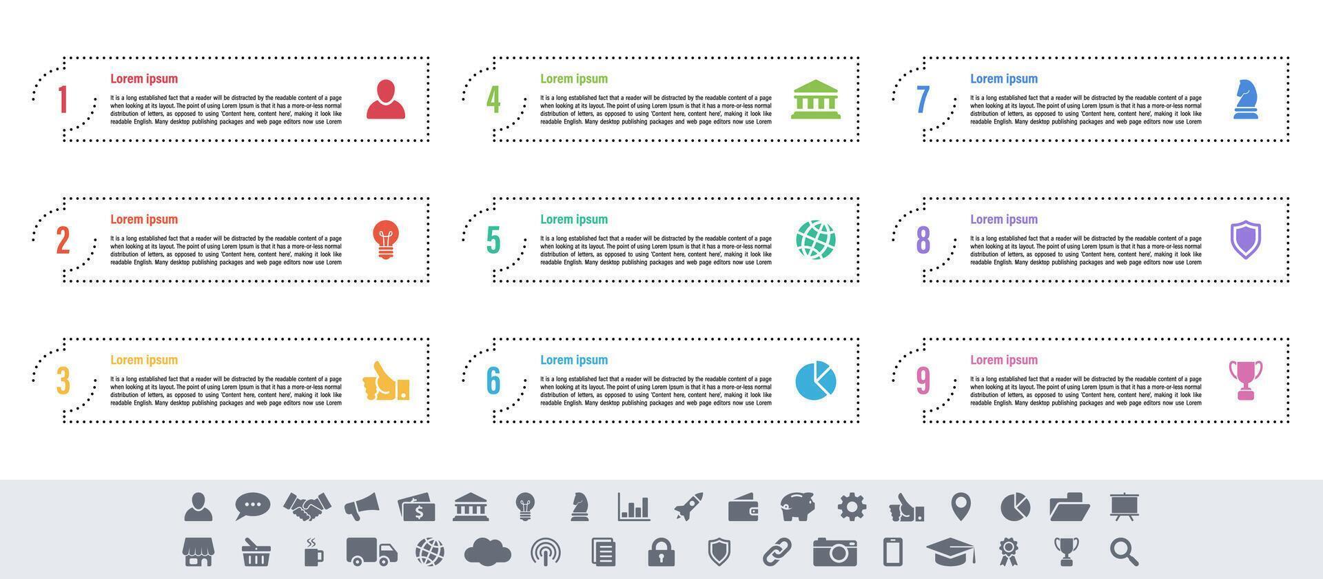 Business infographic with nine steps process flow chart design template vector