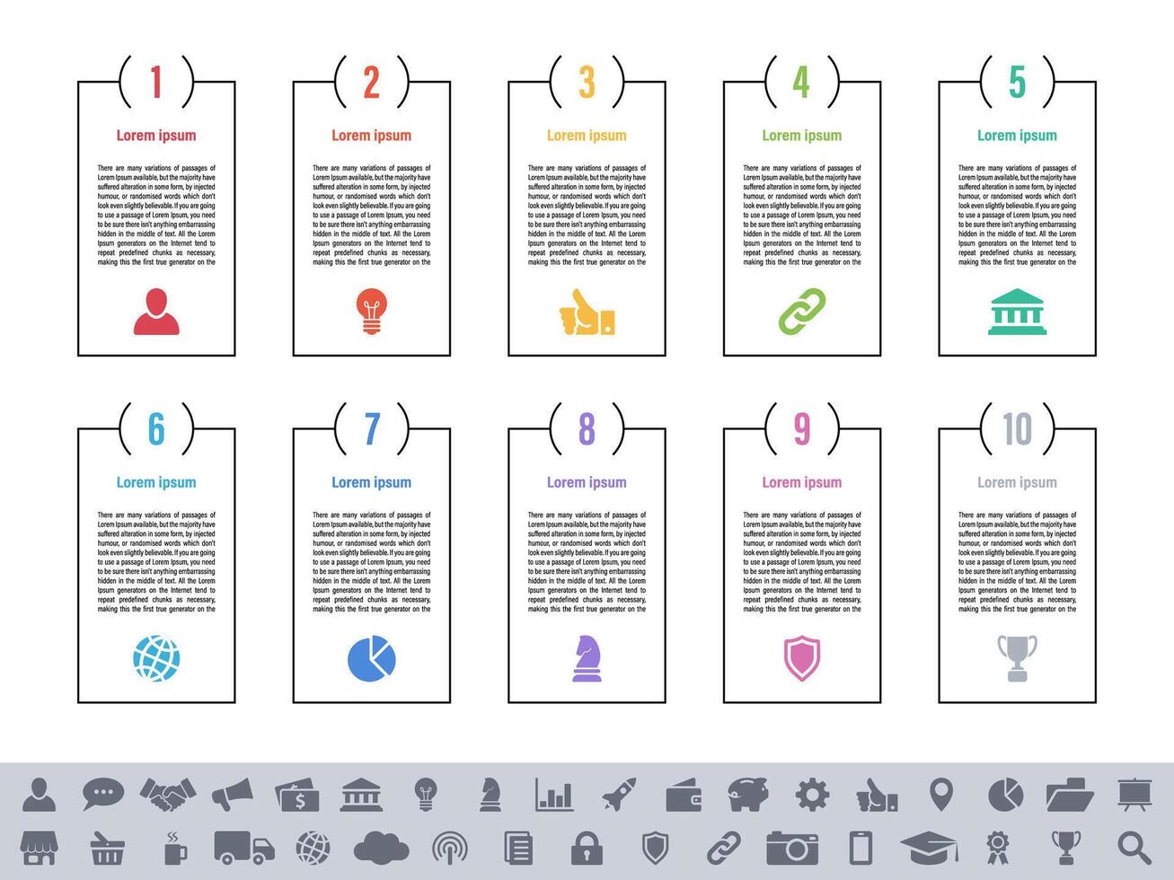 Infographic template showing ten steps process workflow with document icons vector