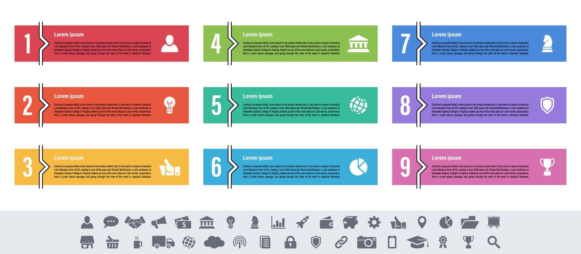 Infographic showing nine steps process with colorful numbered sections and icons vector