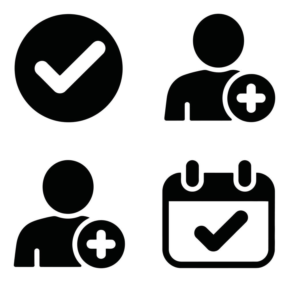 Black icons showing a check mark, calendar with check, and user icons vector