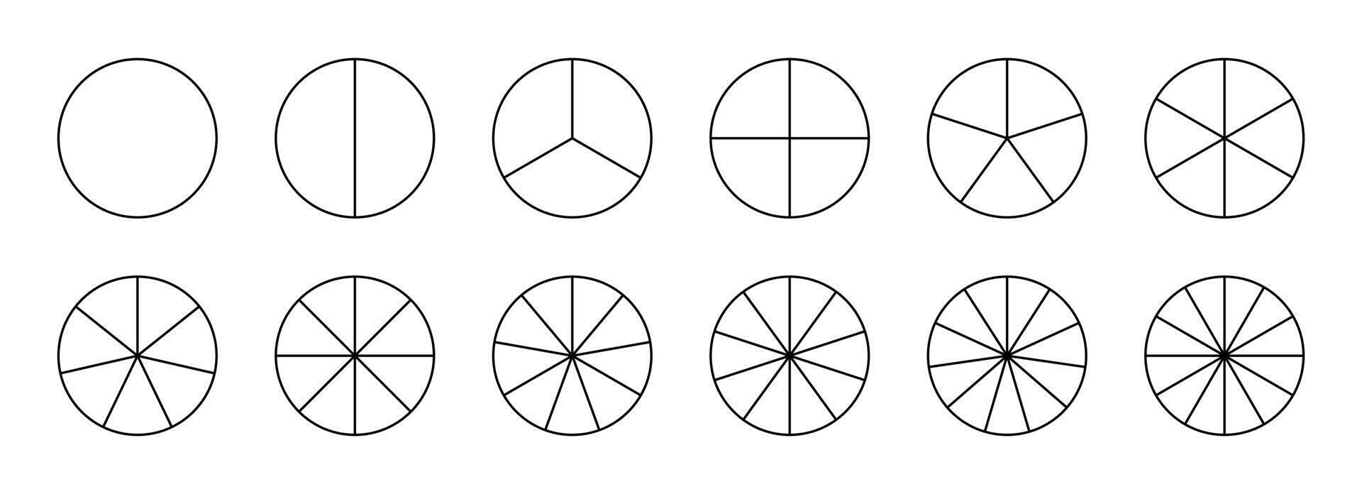 Parts of diagram wheel from 1 to 12. Template of pie chart. Coaching blank. Segmented charts. Sectors divide the circle on equal parts. Outline black graphics. Pie charts, pizza charts set. 12 circles vector