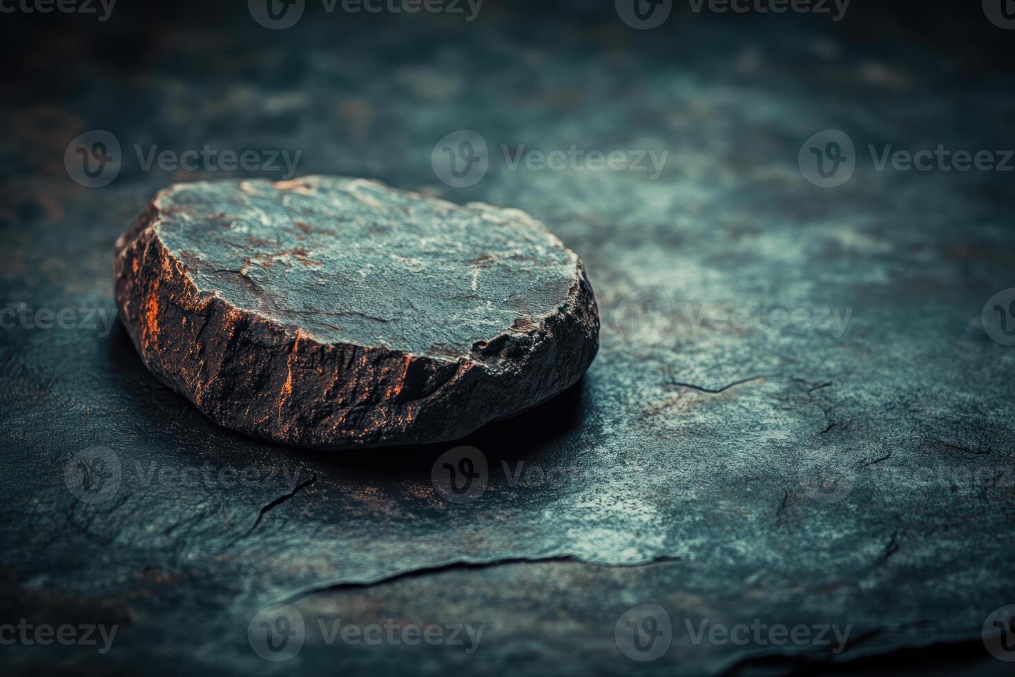 Unique round stone resting on textured surface in dim light photo