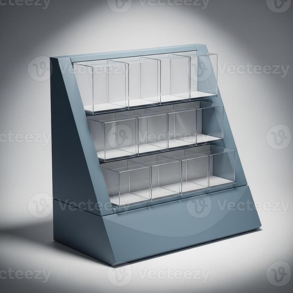Modern angled display shelf unit with multiple tiers for retail or exhibition use isolated on white background photo