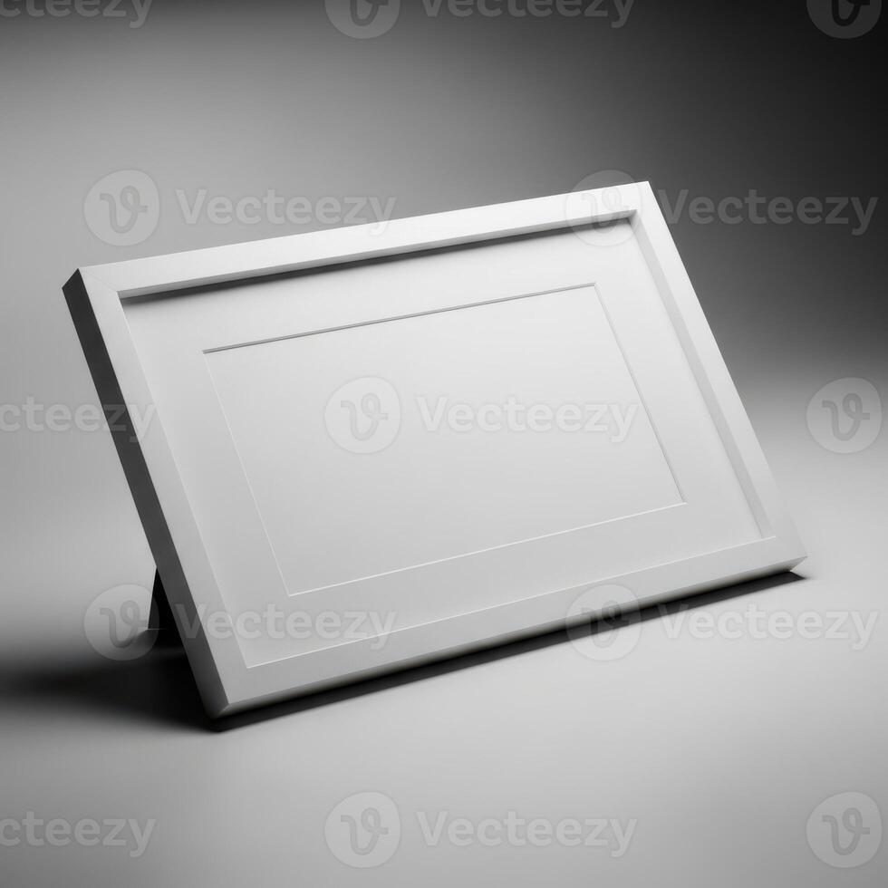 A simple modern light colored picture frame with a stand displayed at an angle on a white background isolated on white background photo