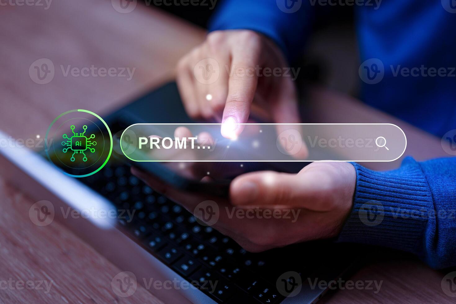 Searching for information using a smartphone while working on a laptop in a modern workspace photo