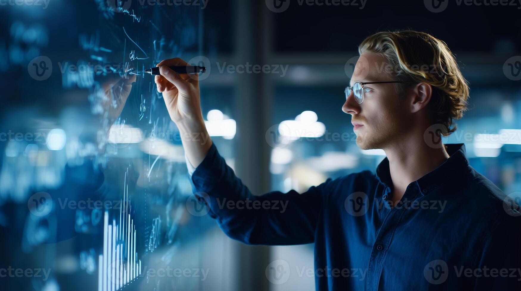 Professional man writing data and graphs on a digital screen in an office setting photo