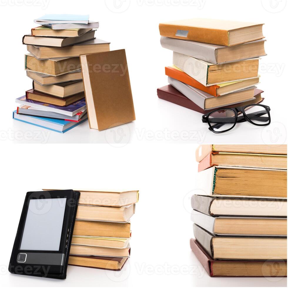 Stacked books and e-reader display different reading formats on a white background photo