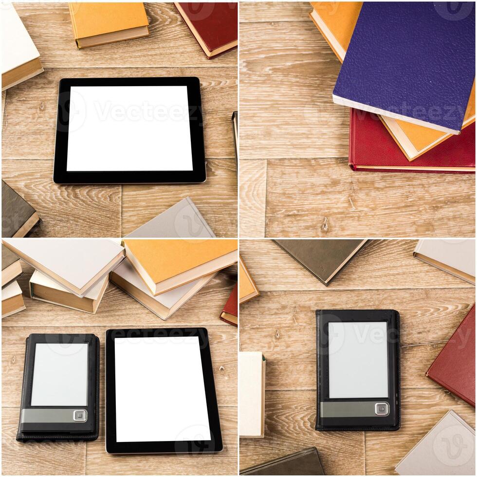 Table with various books and digital devices for reading during study session photo