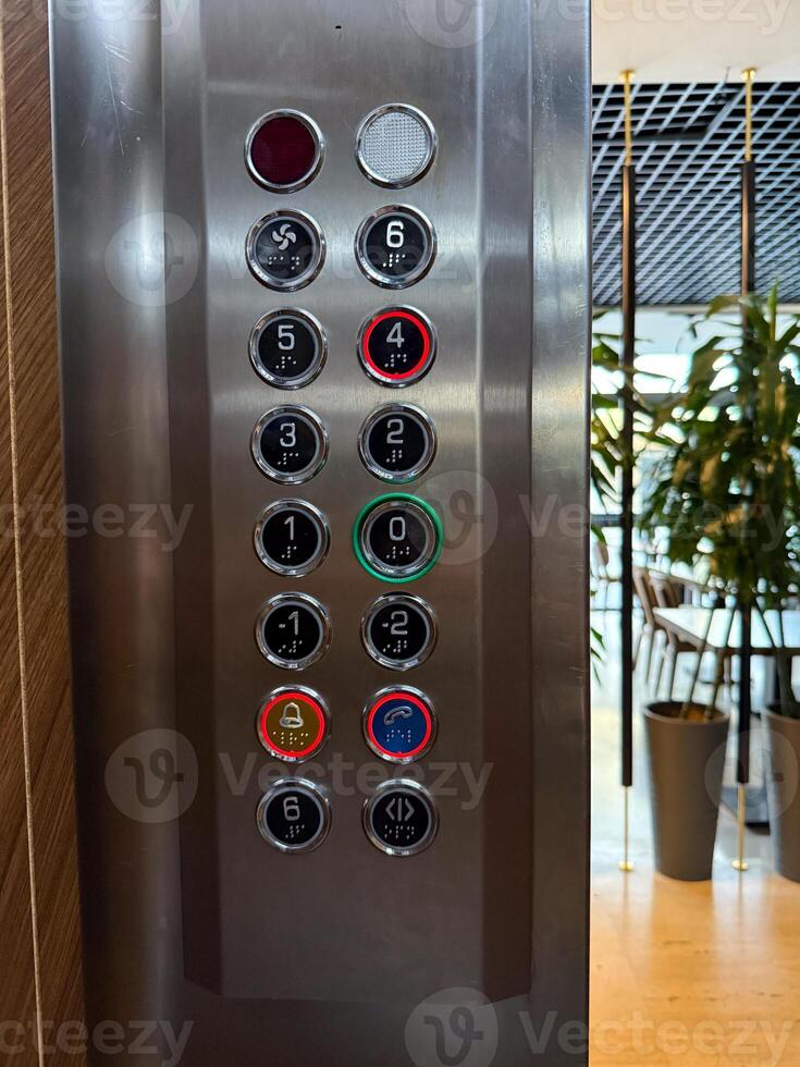 Elevator panel with numbered floor buttons. Technology, navigation, and public service reflecting accessibility, urban architecture, and modern functional design. photo