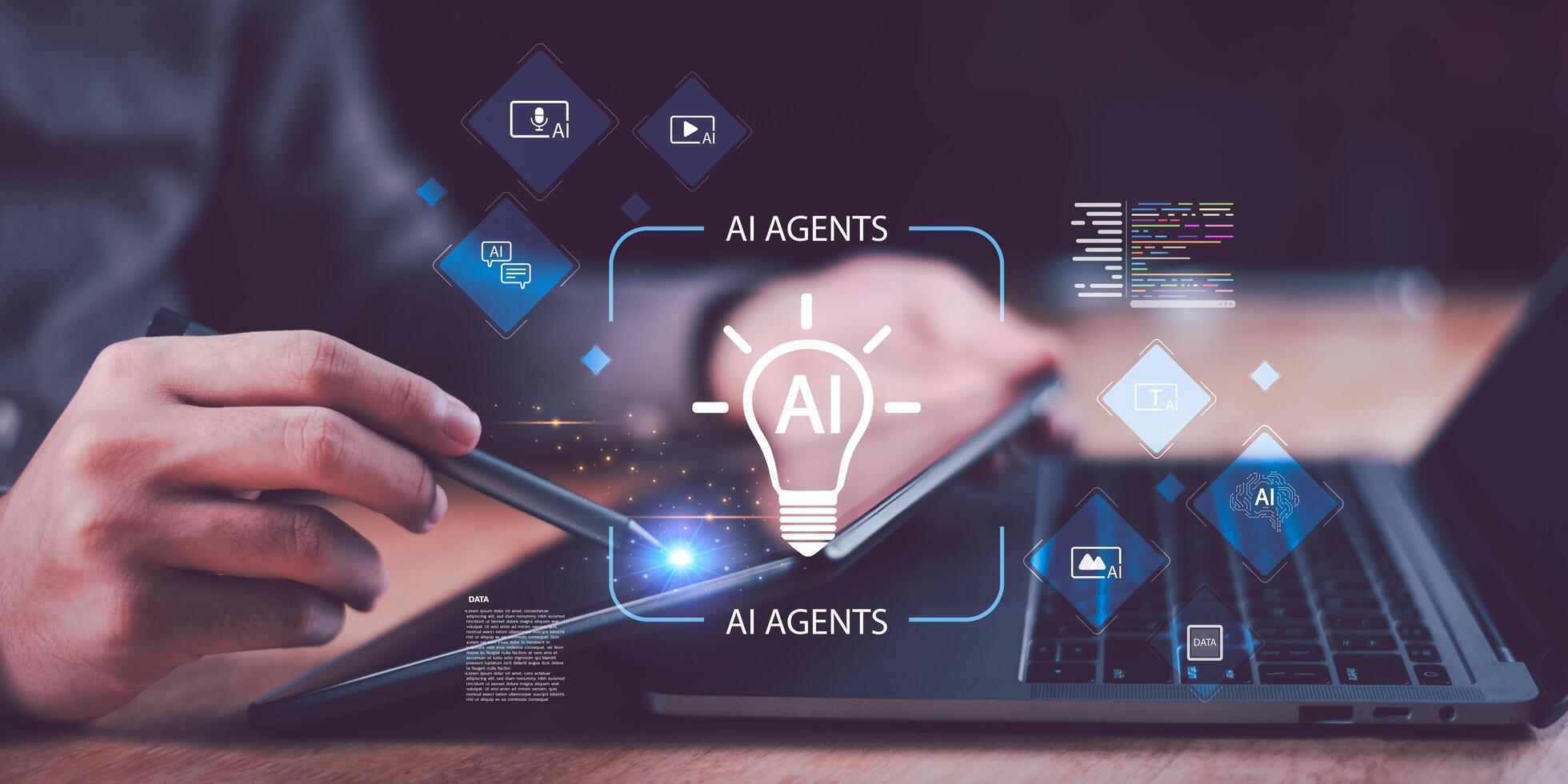 Hand using stylus on tablet with AI agents icons including text, voice, image, , data, and code, symbolizing artificial intelligence, automation, innovation, and digital transformation. photo