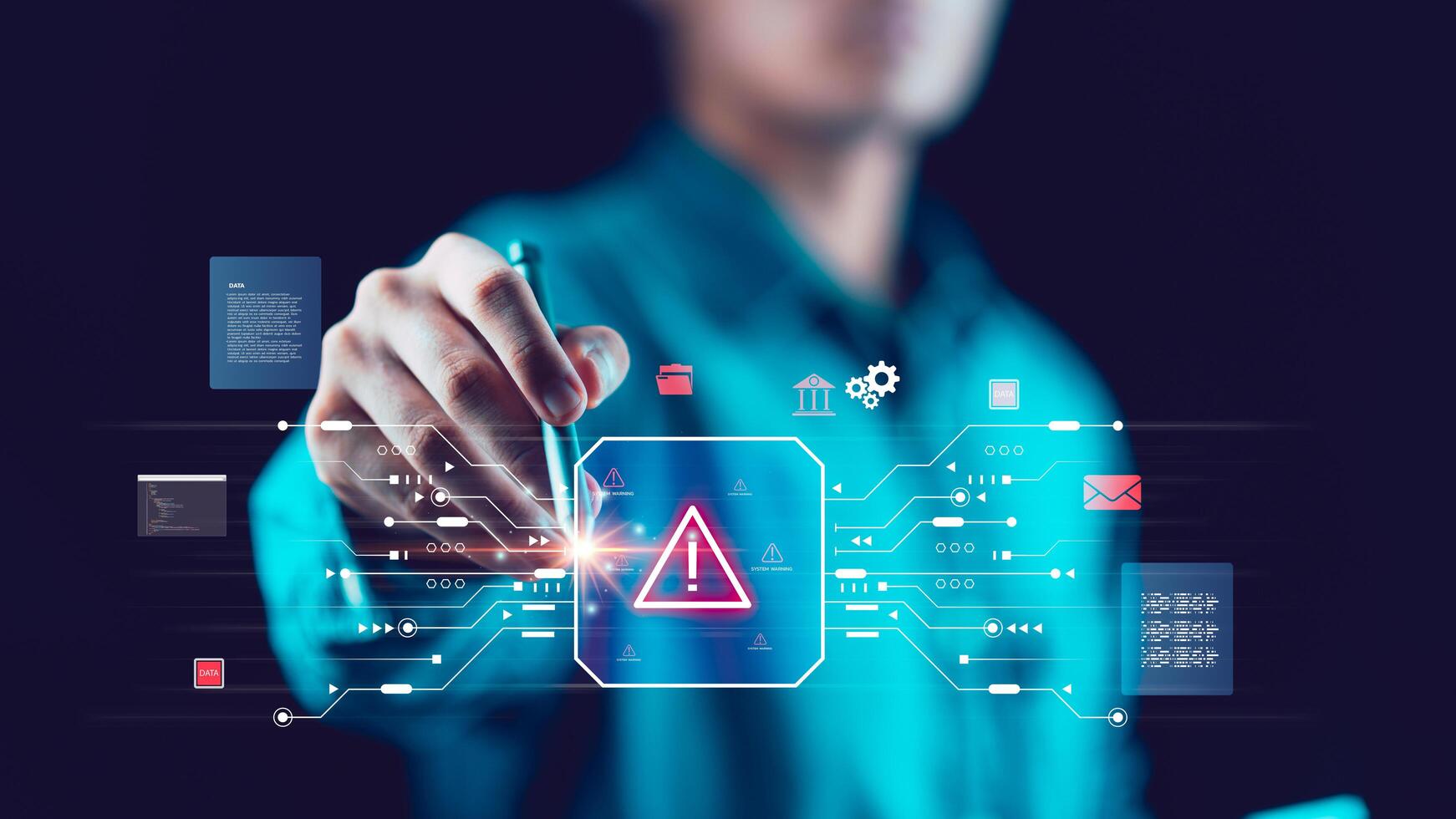 Illustration emphasizing cybersecurity risks, digital system vulnerabilities, and data breach prevention strategies. Perfect for topics on network protection, risk analysis, cyber threat awareness. photo