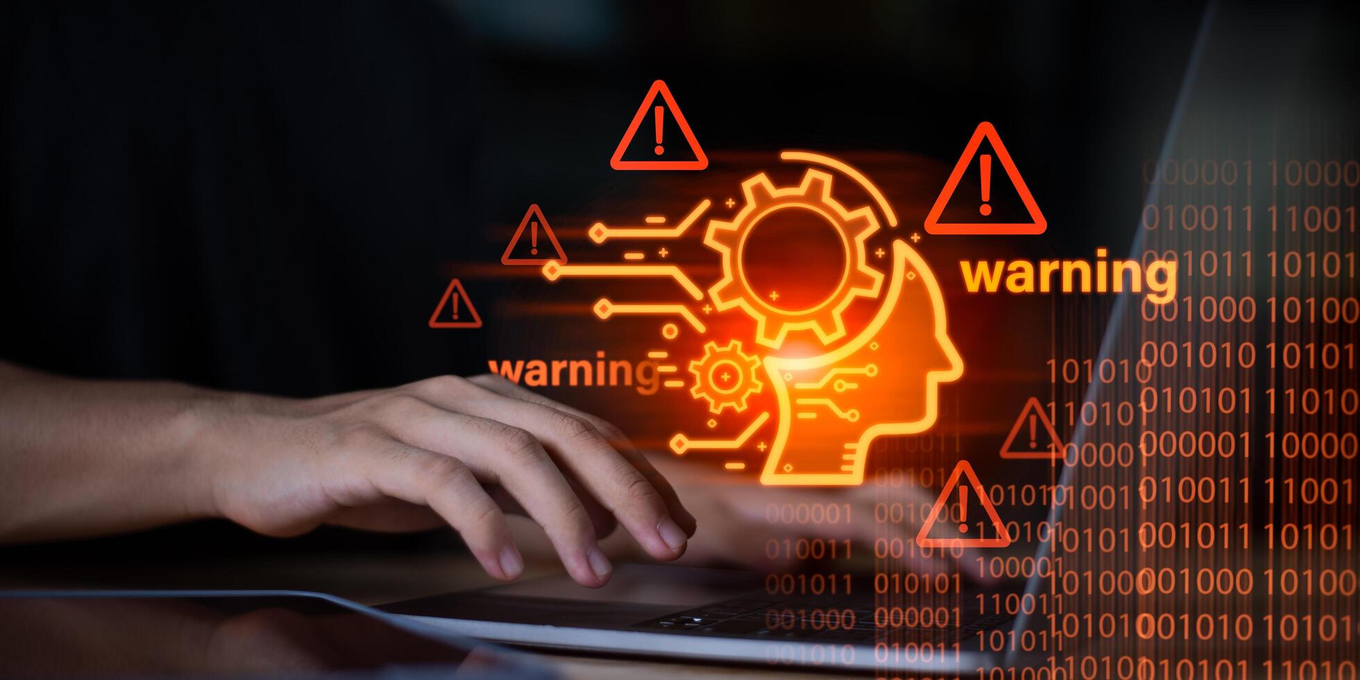 digital warning concept with human head, gears, alert icons, symbolizing artificial intelligence risks, cybersecurity, online system protection awareness ,online data ,artificial intelligence threats photo