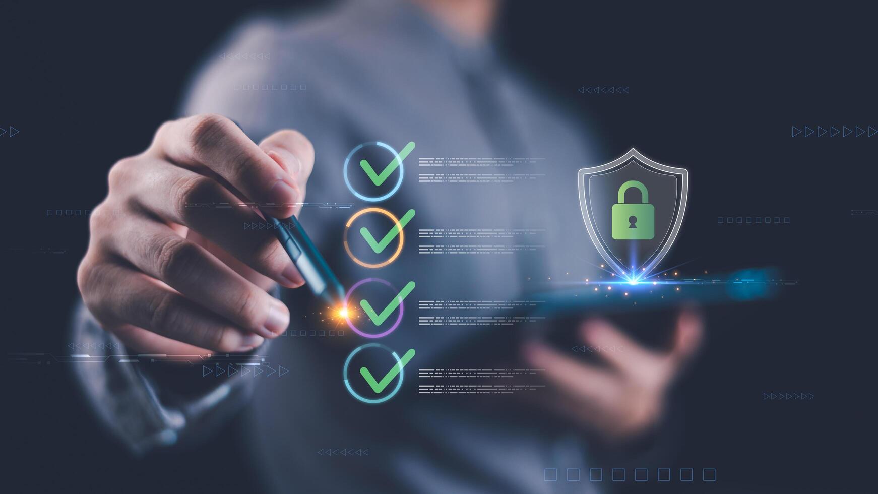 Cybersecurity checklist concept with digital checkmarks and shield lock icon, symbolizing data protection, privacy, encryption, and compliance for business, cloud security, and secure online systems. photo