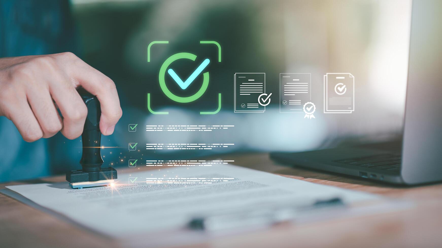 Business concept of certified document approval with audit control, checklist confirmation, signature verification, performance validation representing trusted, authorized, secure compliance processes photo