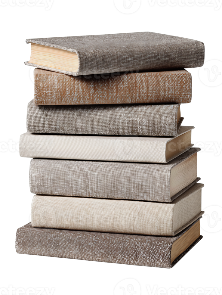Pile of hardback books in muted tones with cloth spines, stacked neatly with one ajar on top, isolated on transparent background. png
