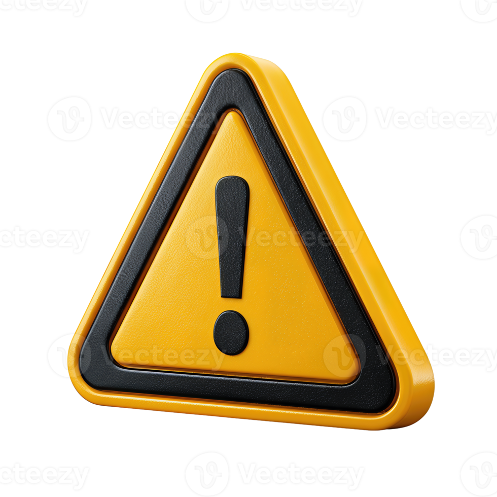 Glossy triangular warning sign with exclamation mark, rounded corners and bold outline, caution symbol design, isolated on transparent background. png