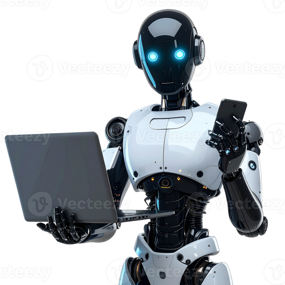 An Artificially Intelligent Robot Engaged in Digital Tasks, Utilizing a Laptop and a Smartphone png