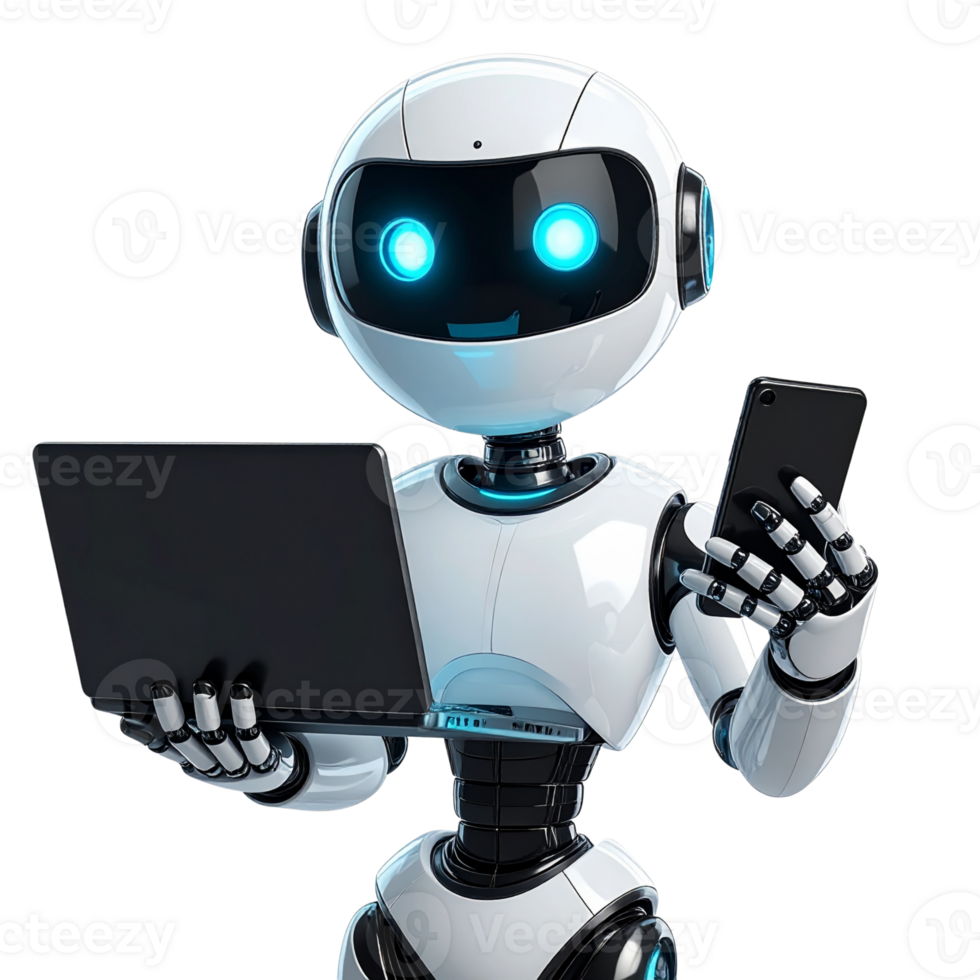 Avanzate umanoide robot multitasking con un' il computer portatile e smartphone, in mostra futuro ai tecnologia e digitale comunicazione png